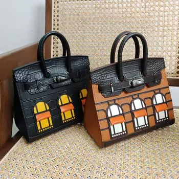 Cross Border New 20 см Маленькая сумка из натуральной кожи Platinum женская сумка из коровьей кожи с контрастным узором под крокодила повседневная сумка 20x12x14cm чёрный