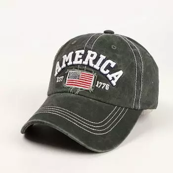 Cross-Border New Arrival Washed Embroidered Denim Distressed Baseball Cap Men s and Women s American Flag Alphabet Embroidery Curved Brim Peaked Cap Dark green Adjustable