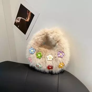 Cross Border New Korean Version Women s Fashionable Plush Flower Underarm Bag Trendy Women s Outgoing Shopping Lightweight Handbag