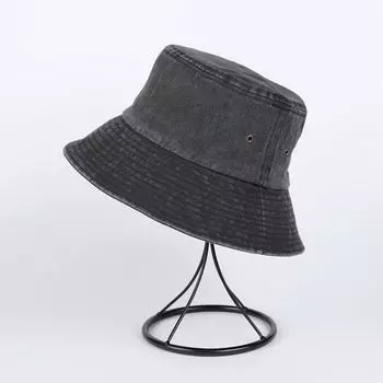 Cross-Border Washed Light Board Bucket Hat Female Retro Distressed Brass Buckle Air Hole Breathable Sun Hat Pure Color All-Matching Basin Hat Male Black M(56-58cm)