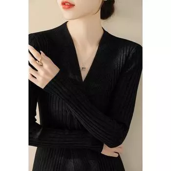 Cross Collar Sweater Silm Knot Long Sleeves Knitwear