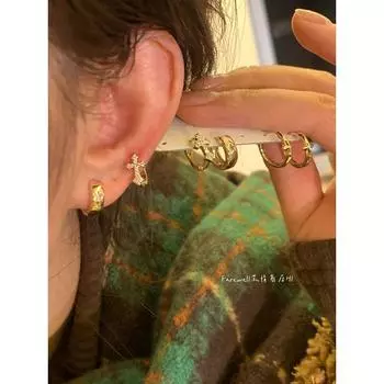 Cross Ear Clip Gold Earring Ring/Stud Earring Female Ins Style Minimalist Elegant Earrings 2024 New Arrival Gold 6-piece set