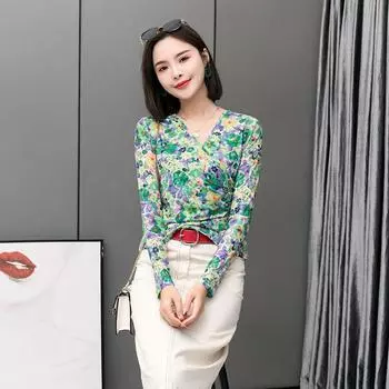 Cross Early Spring Long Sleeve High-End Trendy Mesh Tops Green L