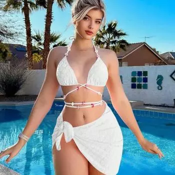 Cross Flower Knot Triangle Bikini Set Bubble Cloud Lace Tied Up Swimwear Set Beach M розовый