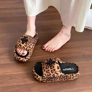 Cross flower small man heightened thick-soled new summer cool slippers women s shoes wear leopard print one-word slippers 35