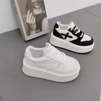 Cross flower soft leather little white shoes 2025 autumn and winter new lace-up sports and leisure shoes biscuits thick-soled inner height-increasing 35 белый