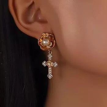 Cross Mulitilayered Pearls Necklace Rhinestone Jewelry Set Imitation Pearl Necklace Earrings Party