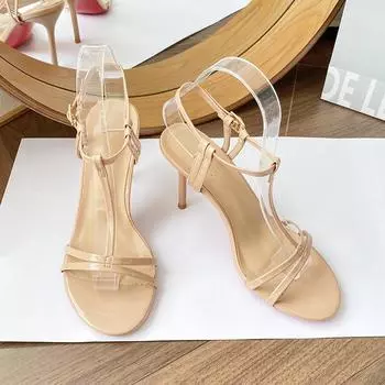 Cross one-word thin strap sandals for women to wear new versatile summer sexy temperament nude high heels 34
