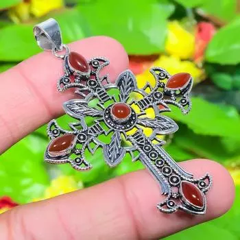 Cross- Red Carnelian Gemstone Handmade 925 Sterling Silver Pendant 2.68 Z1d38