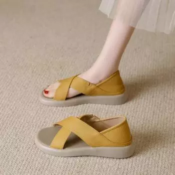 Cross strap beach flat sandals summer new outer wear open toe hollow fish mouth sandals women 35
