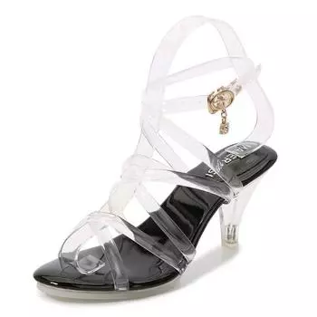 Cross strap crystal transparent fashion medium heel stiletto high heel sandals 35
