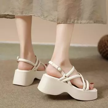 Cross Strap Platform Sandals for Women Summer 2024 Thick Bottom Gladiator Shoes Woman Casual Non-Slip Wedge Sandalias 35 бежевый