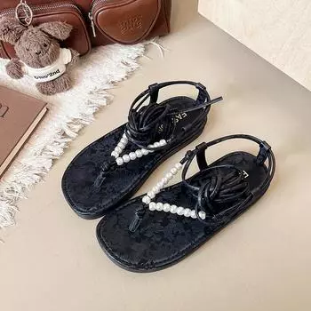 Cross-strap sandals women s summer flat bottom with skirt 2025 new beach lace-up shoes women 35 чёрный