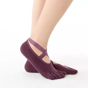 Cross Stylish Non-Slip Yoga Socks Female Pure Color Cotton Five Toe Sockst Sweat Absorbing and Deodorant Pilates Sports Fitness Toe Socks Cross Full Finger Wine Red