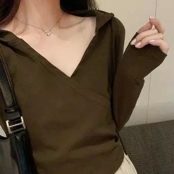 Футболка с капюшоном, V-образным вырезом, длинными рукавами и подкладкой на плечах, которую можно носить с новым женским коротким топом в стиле ленивой моды, открывающим талию. S