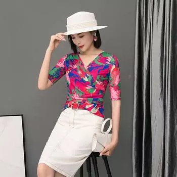 Cross V-neck T-Shirt Half Sleeve Fashion Slimming Mesh Tops Rose Red M