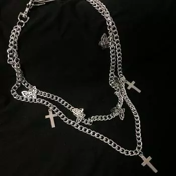 Cross Waist Chain Keychain Metal Punk Two Layer Butterfly Cross Necklace