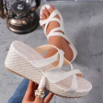 Cross with slope heel slippers thick bottom hemp rope bottom women s cool slippers foreign trade large size spot summer beach cool slippers 36