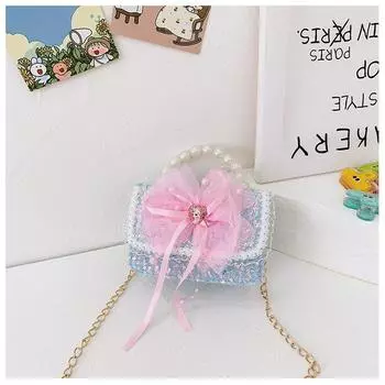 Crossbody Bag Kids With Pearls And Bow For Everyday Style Fashionable Girl Style One Blue