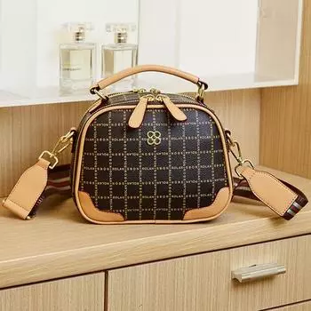 Crossbody Bag, Versatile Retro Small Square Bag, Elegant Single-shoulder Bag, Boston Bag, Checkered Color-blocking Handbag for Women