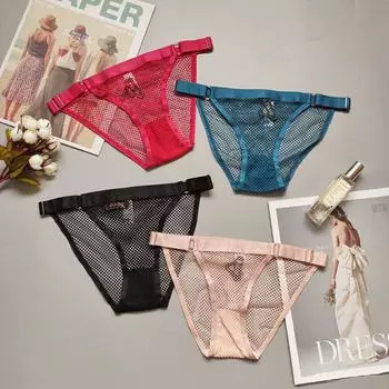 Crotch G-String Women Lingerie Low-Waist Thong T-Shaped Fishnet Panties Korean Style Underwear M