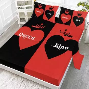 Crown Double Heart 4-Piece Bed Sheet Set, Including 1 Flat Bed Sheet, 1 Extra-Large Bed Sheet, 2 Pillowcases (Warm, Couple) 99cmx199cm
