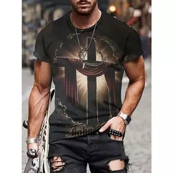 Футболка с принтом «Распятие» по всей поверхности, мужская повседневная футболка средней длины с круглым вырезом на весну и лето S