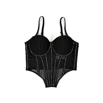 Crystal Beaded Mesh Outwear Fishbone Steel Ring Bra Short Vest Sling Basic Asymmetrical Hem Fashion Style Black 40C/90