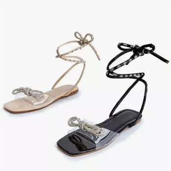 Crystal Bow Design Slingback Sandals Women Summer Open Toe Pvc Transparent Flat Sandals Rhinestone Casual Beach Shoes for Women 35 абрикосовый