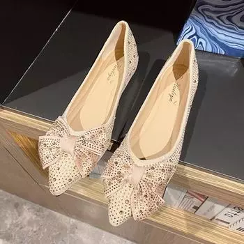 Crystal Bowknot Ballet flats women pointed toe suede leather daily shoes for woman glitter beading moccasins soft bottom loafers 5 чёрный