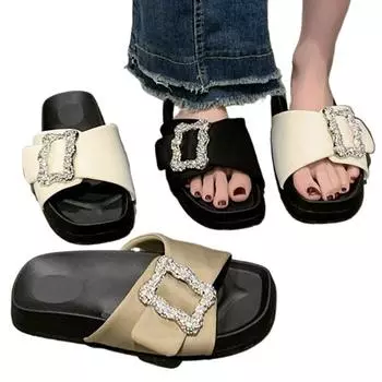 Crystal Buckle Bling Bling Women Slippers Black Khaki Beige Slip On Fashion Slides Casual Sandals Rhinestone Comfort Shoes 35 бежевый