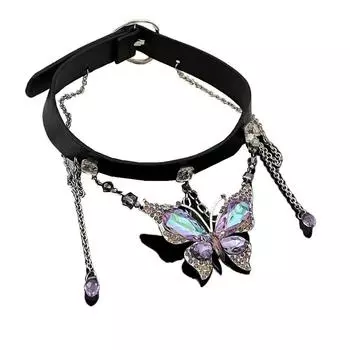 Crystal Butterfly Pendant Necklace PU Leather Gothic Metal Choker Punk Women Accessory Party