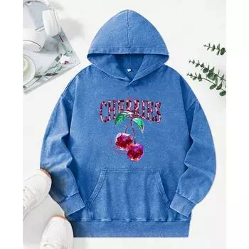Crystal Cherries Print Women Washed Hoodie Pocket Fashion Pullovers Multicolor Female Hoody Autumn Cotton Hoodies M