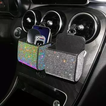 Crystal Diamond Car Vent Storage Box Auto Leather Organizer Cell Phone Glass Key Card Holder Decor Car Accessories for Women светло-синий