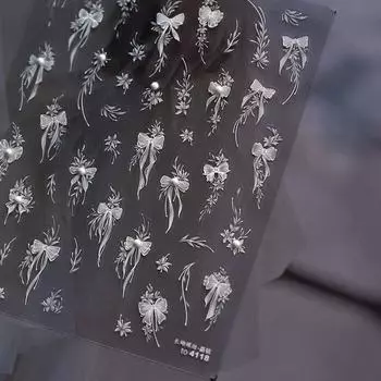 Crystal Diamond Shell Light White Bow Nail Stickers Ins Pearl Elegant Tassel Long Bow Nail Decoration T166-Flower Bow, Pearl