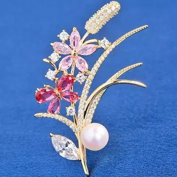 Брошь-цветок из кристаллов, булавка, стразы, пшеничные ушки, броши, свадебные украшения, подарки красный