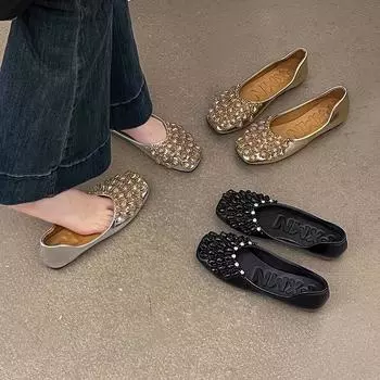 Crystal full diamond flat-soled single shoes inner height increase women s shoes 2025 summer high-end French small fragrant commuting ladyshoes 35 чёрный