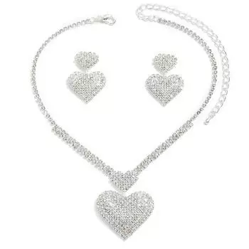 Crystal Heart Shaped Necklace Shining Earrings Bridal Rhinestone Jewelry Set Women