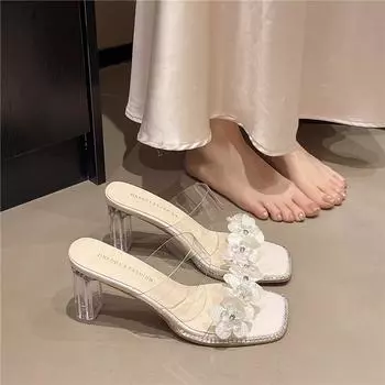 Crystal high-heeled slippers women s summer outer wear flower with skirt cool slippers transparent thick-heeled sandals 35