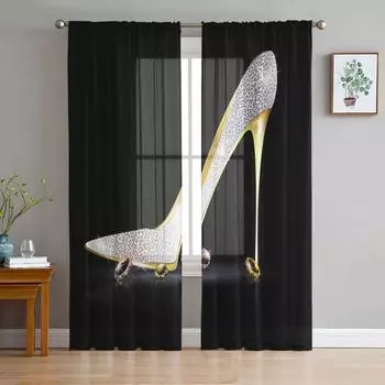 Crystal High Heels Diamond Black Chiffon Sheer Curtains for Living Room Bedroom Decoration Window Voiles Tulle Drapes Curtain W135 x H115cm x1&Rod Pocket