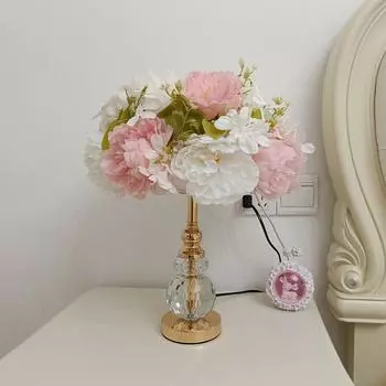 Crystal LED Table Lamp with Silk Rose Flowers - Nordic Style Bedside Decor, Warm White Light Warm White&EU plug