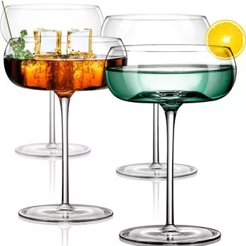 Crystal Martini Glasses, Set of 4, 8oz - Art Deco Style, Hand-Blown, Perfect for Pisco Sour & Mixed Drinks 201-300ml