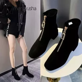 crystal metal front zipper women riding boots all match black short chelsea botas square toe thick heels ankle booties footwear 5 чёрный