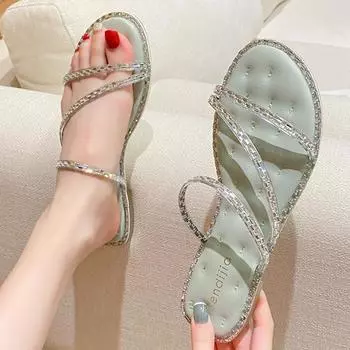 crystal narrow band flip flops women soft bottom bling thong sandalias 41-43 big size clear beading slippers women beach slides 4.5 бежевый