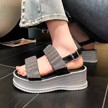 Crystal Pleated Band Sandals Woman Thicken Soled Platform Shoes Ankle Strap Slippers Ladies Flipflops Students Muffins Sandalias 5 серебряный