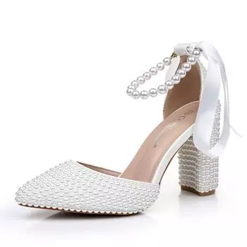Crystal Queen Модные сексуальные туфли на высоком каблуке для женщин с белым жемчугом, свадебные туфли, элегантные модные летние босоножки для вечеринок 35