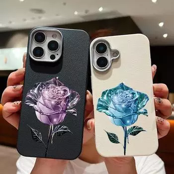 Crystal Rose Flower Print Leather Texture Phone Case For iPhone 16 Pro Max 15 Plus 14 Pro 13 12 11 Matte Slim Shockproof TPU Soft Bumper Cover iPhone 16 коричневый