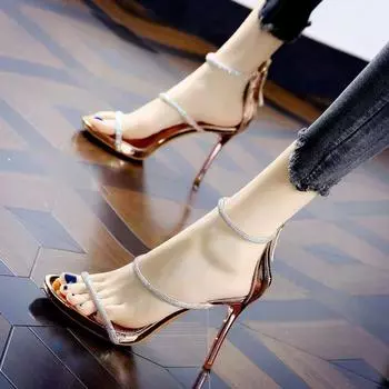 Сандалии с кристаллами, открытым квадратным носком, пряжкой на щиколотке, молнией, прозрачные высокие каблуки, каблуки со стразами, резиновая подошва, женская обувь 34 шампанского