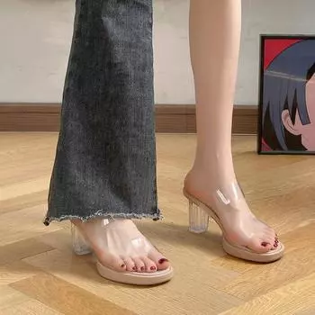 Crystal slippers female summer wear fashion fairy French transparent high heels thick heel sandals niche high-end sandals 35