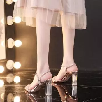 Crystal slippers women s outer wear 2025 new Internet celebrity transparent French one-word strap sandals fairy style high heel thick heel summer 34